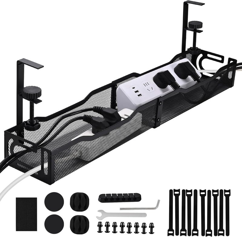 QUELIEN Under Desk Cable Management Box 25.3 Inch – Clamp-Mounted Cable Organizer Tray, Large Cord Management Box for Office & Home, Wire Organizer Under Desk Storage, Black - Image 1